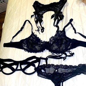 Lingerie bundle set. Adore me black lace top, underwear, garter belt straps bar